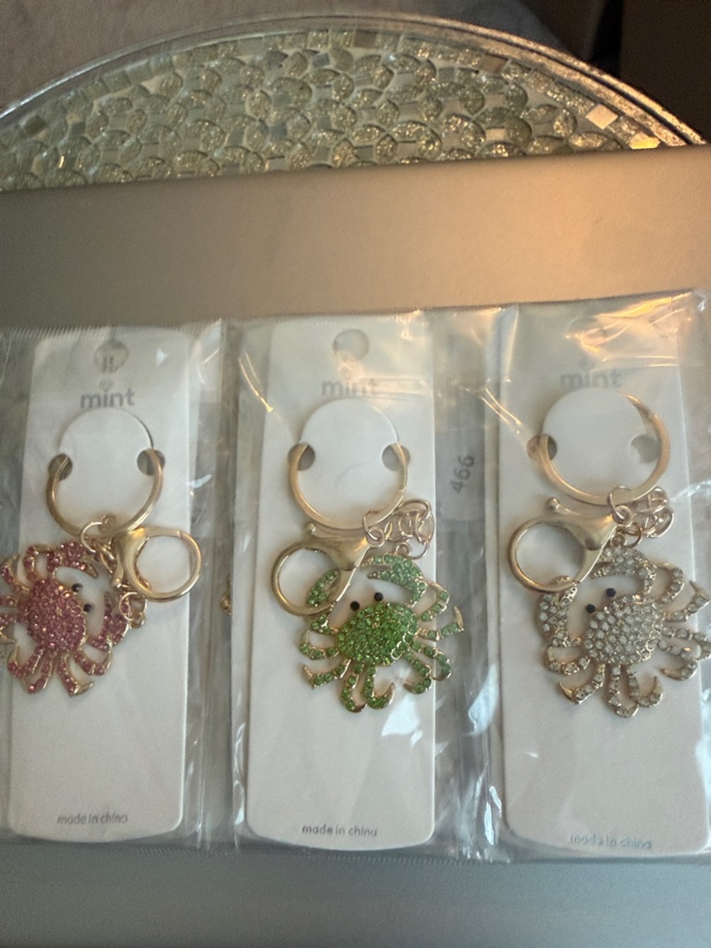 12 Pack Crab Rhinestone Keychains Set in Gold Tone
